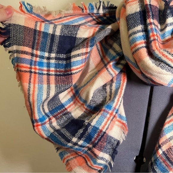 Oversized Blanket Scarf Cream Red Blue Plaid - Picture 4 of 5